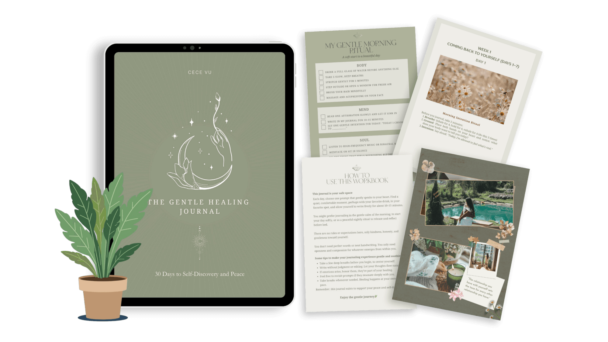 The Gentle Healing Journal — iPad and journal pages